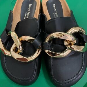 Henry Ferrera Black Mules with Gold Chain Accent